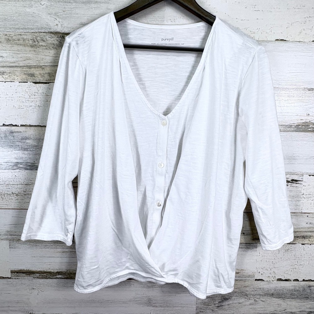 Pure Jill White Cotton Modal Blend Cross Front Button 3/4 Sleeve Lightweight Top